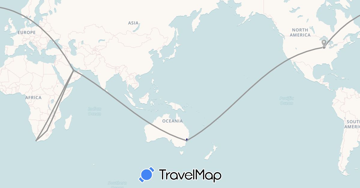 TravelMap itinerary: driving, plane in Australia, Qatar, United States, South Africa (Africa, Asia, North America, Oceania)